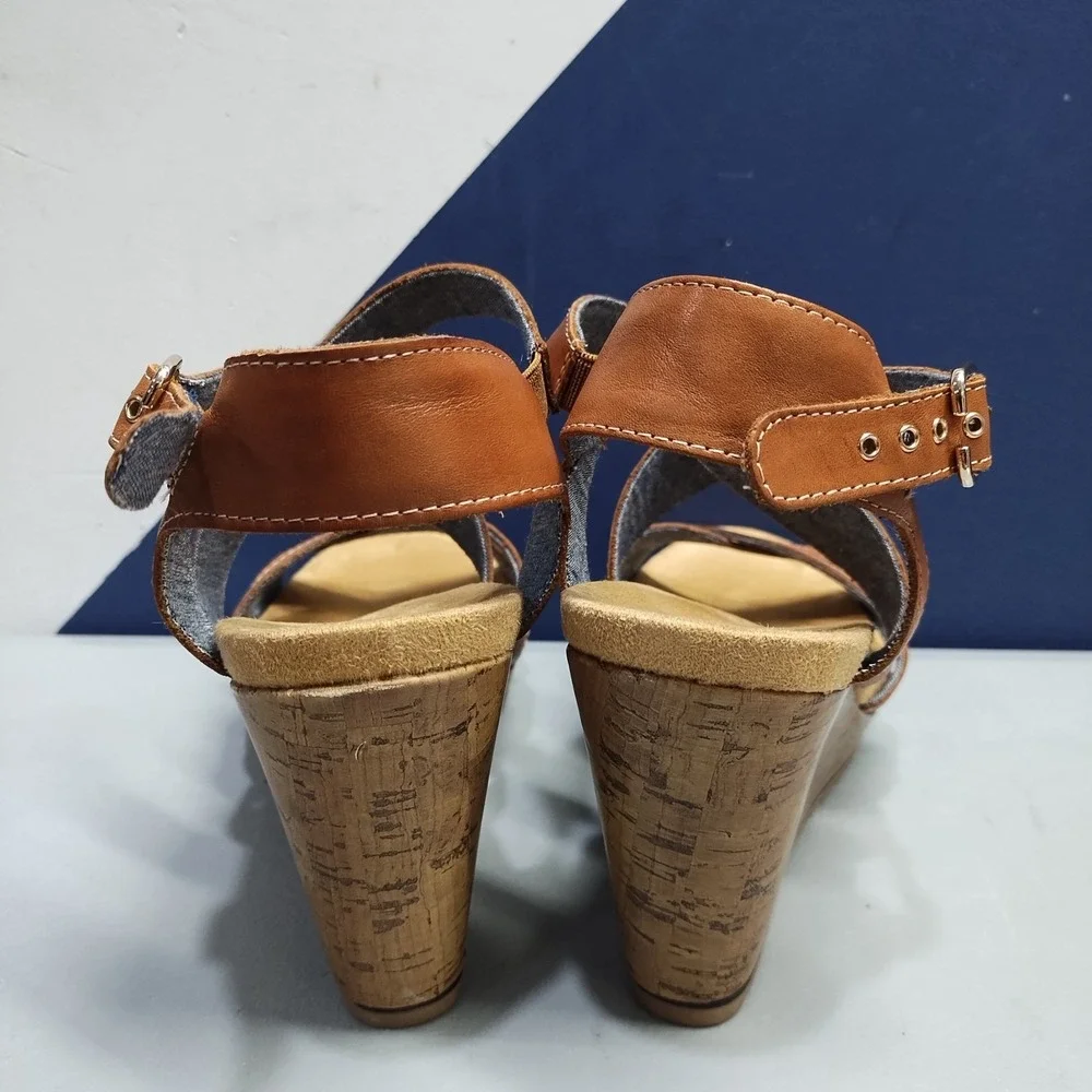 Dr. Scholl's Savory Wedge Sandals Womens Size 9M Brown Leather Ankle Strap EUC